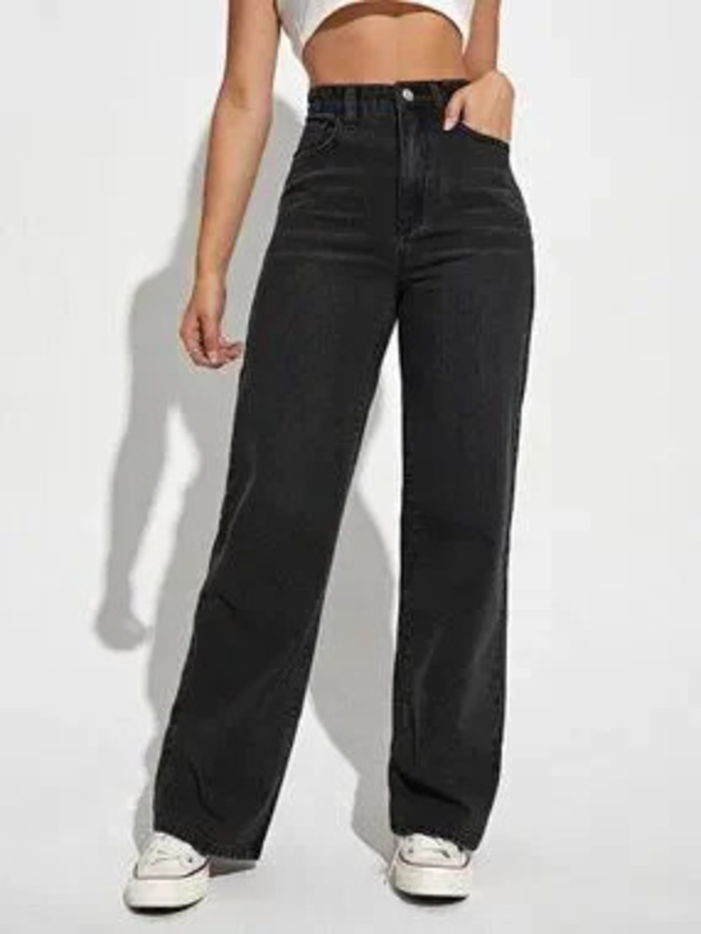 Black Casual Women's High Waist Slant Pocket Straight Leg Jeans